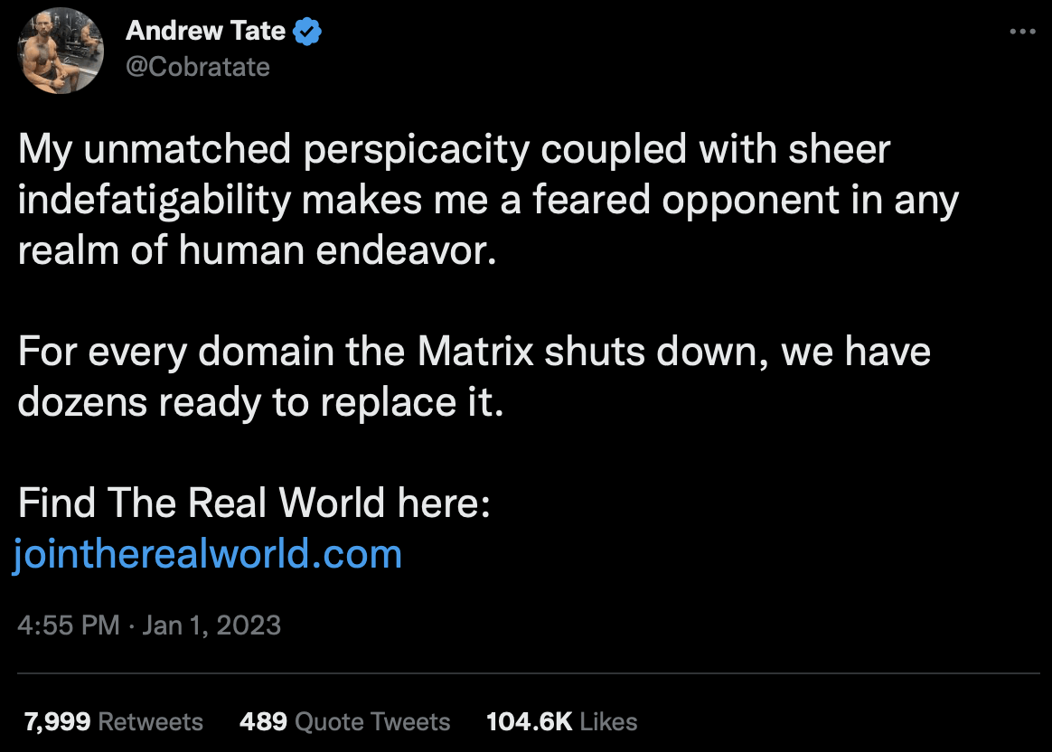 Andrew Tate tweets about The Real World